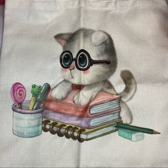 Eco-Friendly Bookworm Kitten Folding Tote Bag - Picture 6 of 15